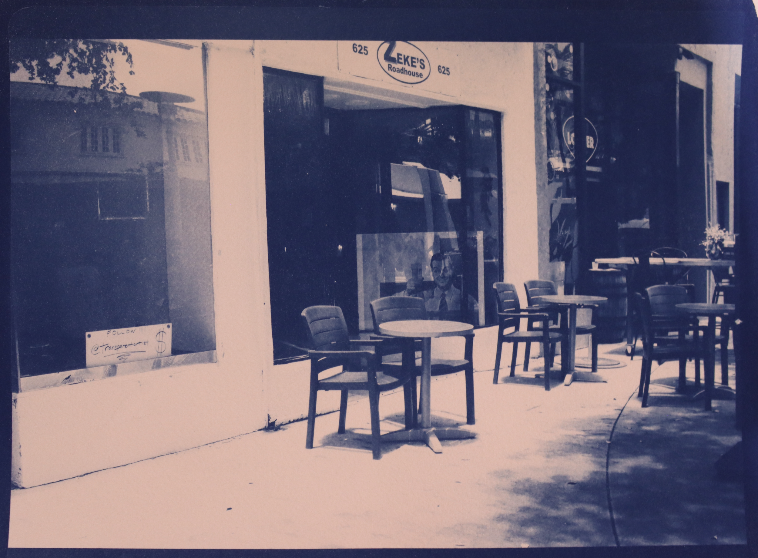 Miami (Cities Series) - Lincoln Rd. (Zeke's), cyanotype print on archival watercolor paper, 140lb/300gsm, 9 x 12 in, 2026. 