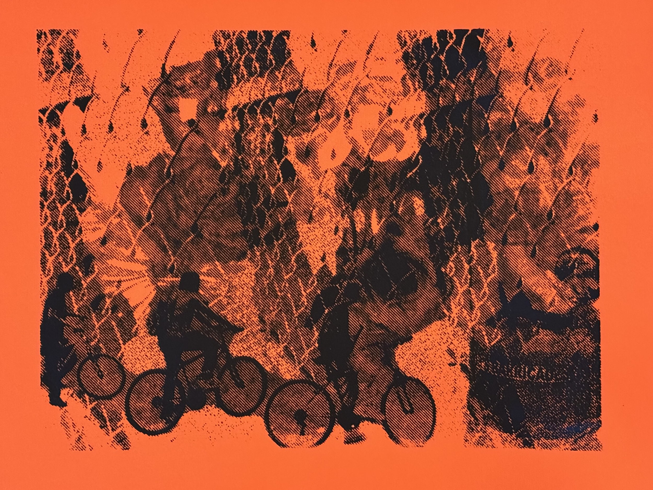 GBFB (black on orange) screen print on construction paper, 12 x 18 in, (2021)