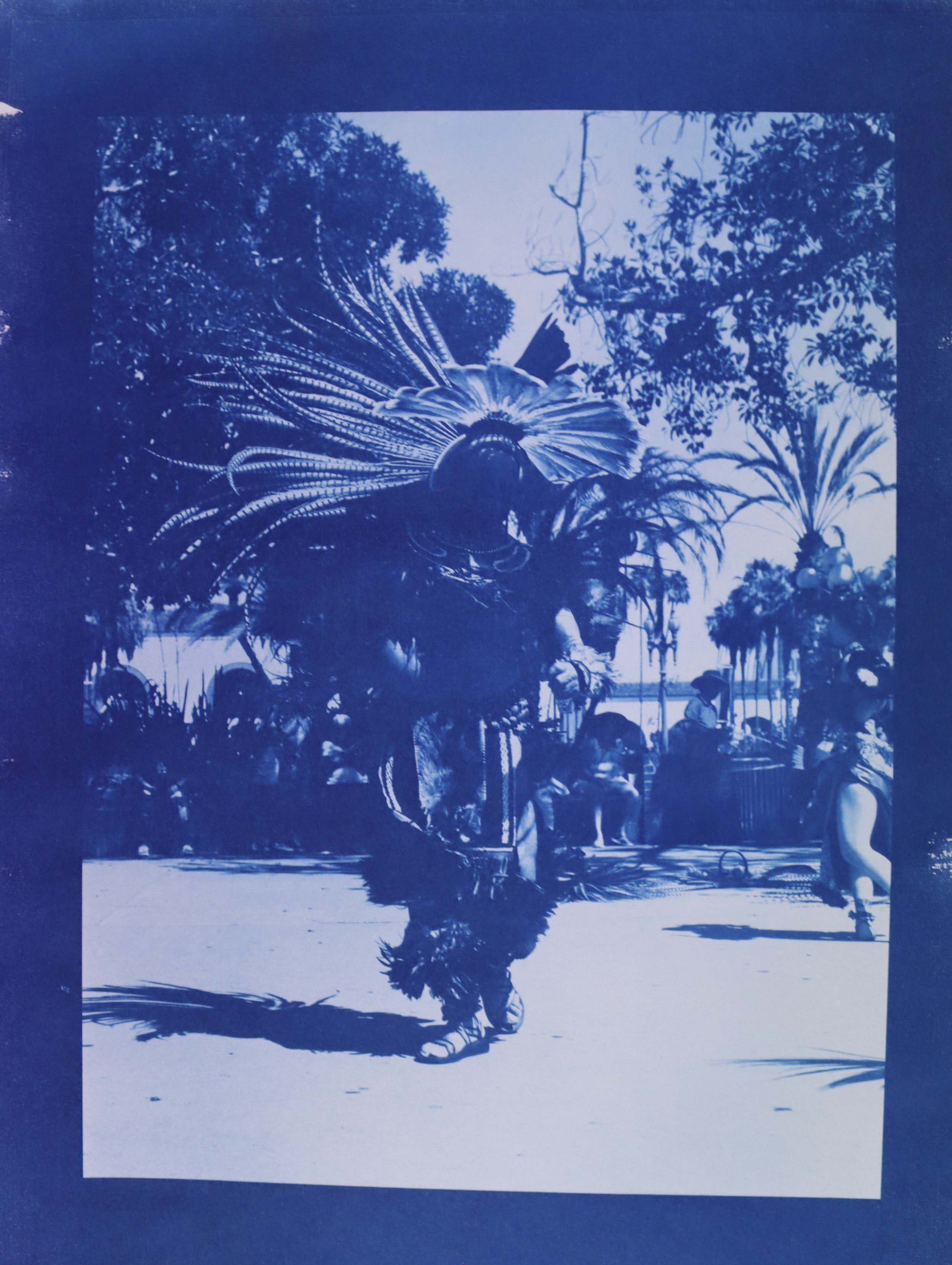 Dancer #2 (elder man), Los Aztecas Series, cyanotype print on massa paper, 9 x 12 in, 2026. 