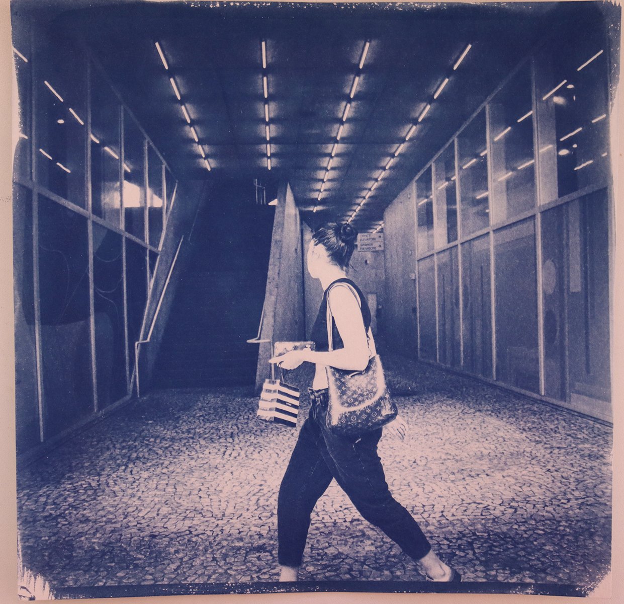 Miami (Cities Series) - Lincoln Rd. Shopper, cyanotype print on archival watercolor paper, 140lb/300gsm, 8 x 8 in, 2026. 