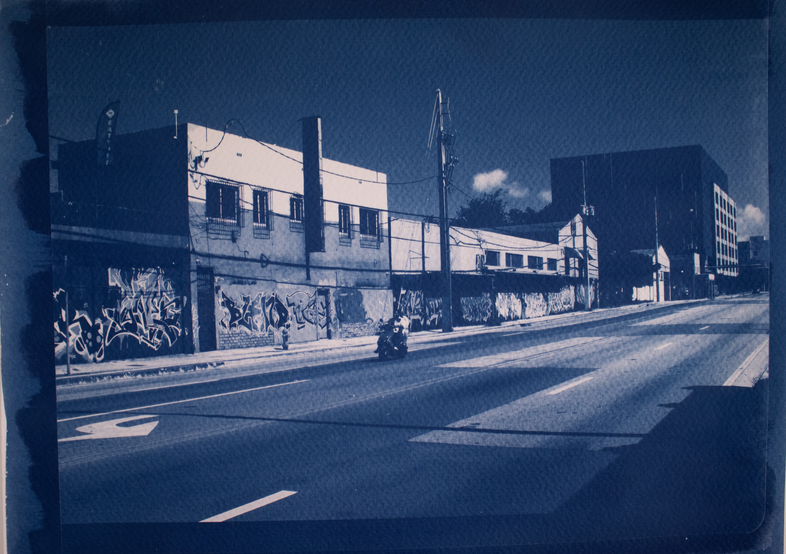 Miami (Cities Series) - Riding through 7th Ave, cyanotype print on archival watercolor paper, 140lb/300gsm, 9 x 12 in, 2026. 