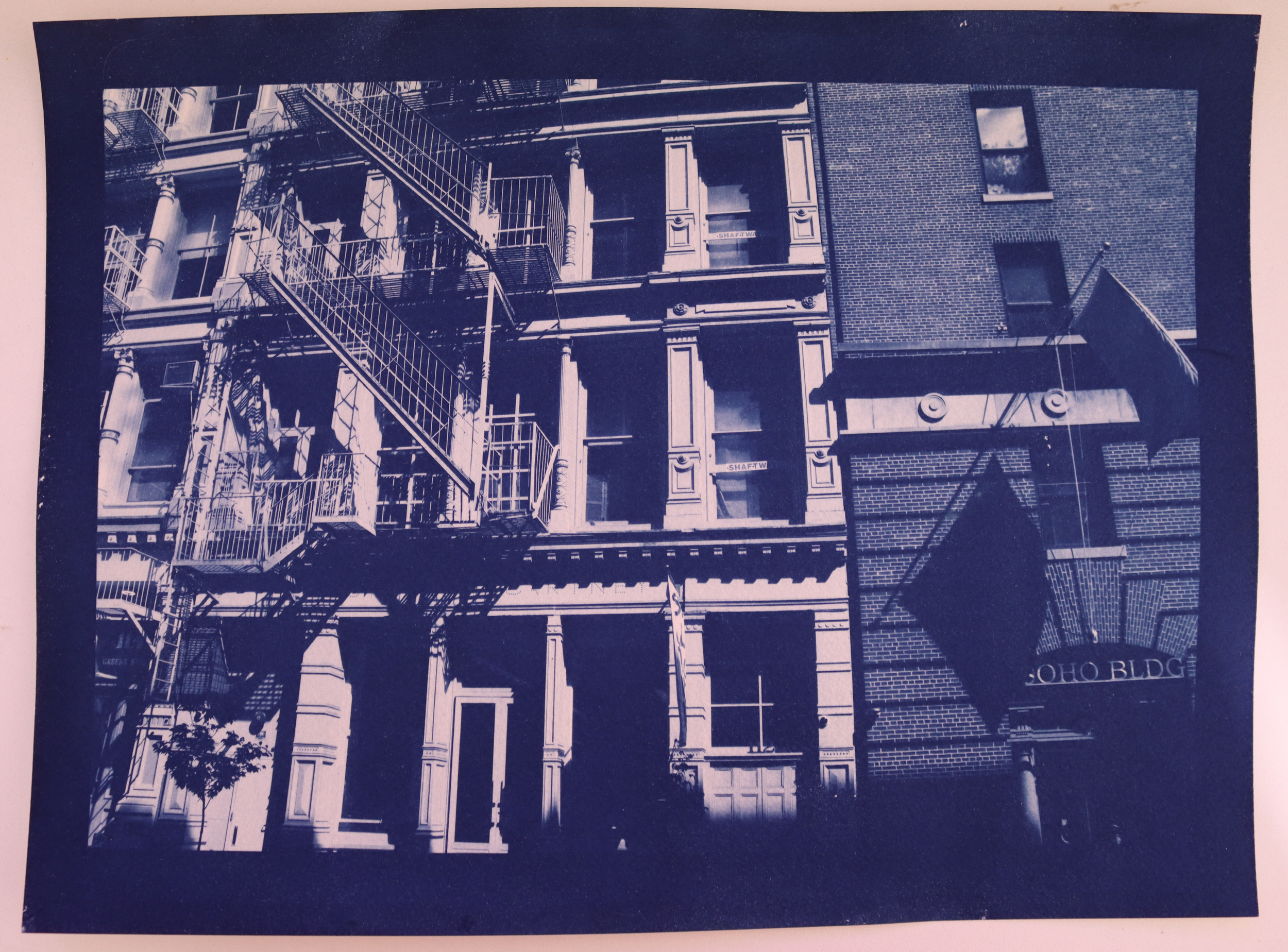 NYC (Cities Series) - SoHo Bldg, cyanotype print on archival watercolor paper, 140lb/300gsm, 9 x 12 in, 2026. 