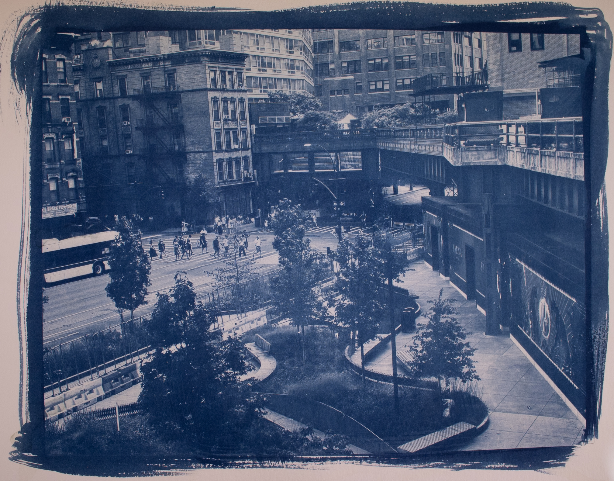 NYC (Cities Series) - Highline Path, cyanotype print on archival watercolor paper, 140lb/300gsm, 9 x 12 in, 2026. 