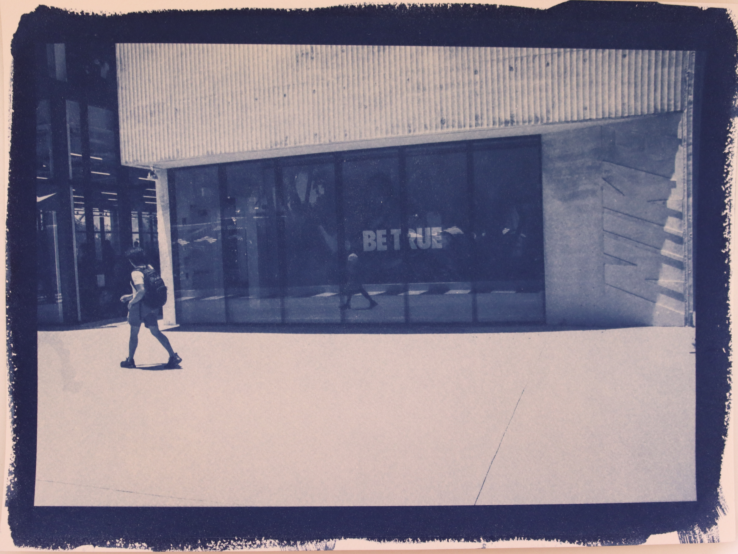 Miami (Cities Series) - "Be True" - Nike storefront, cyanotype print on archival watercolor paper, 140lb/300gsm, 9 x 12 in, 2026. 