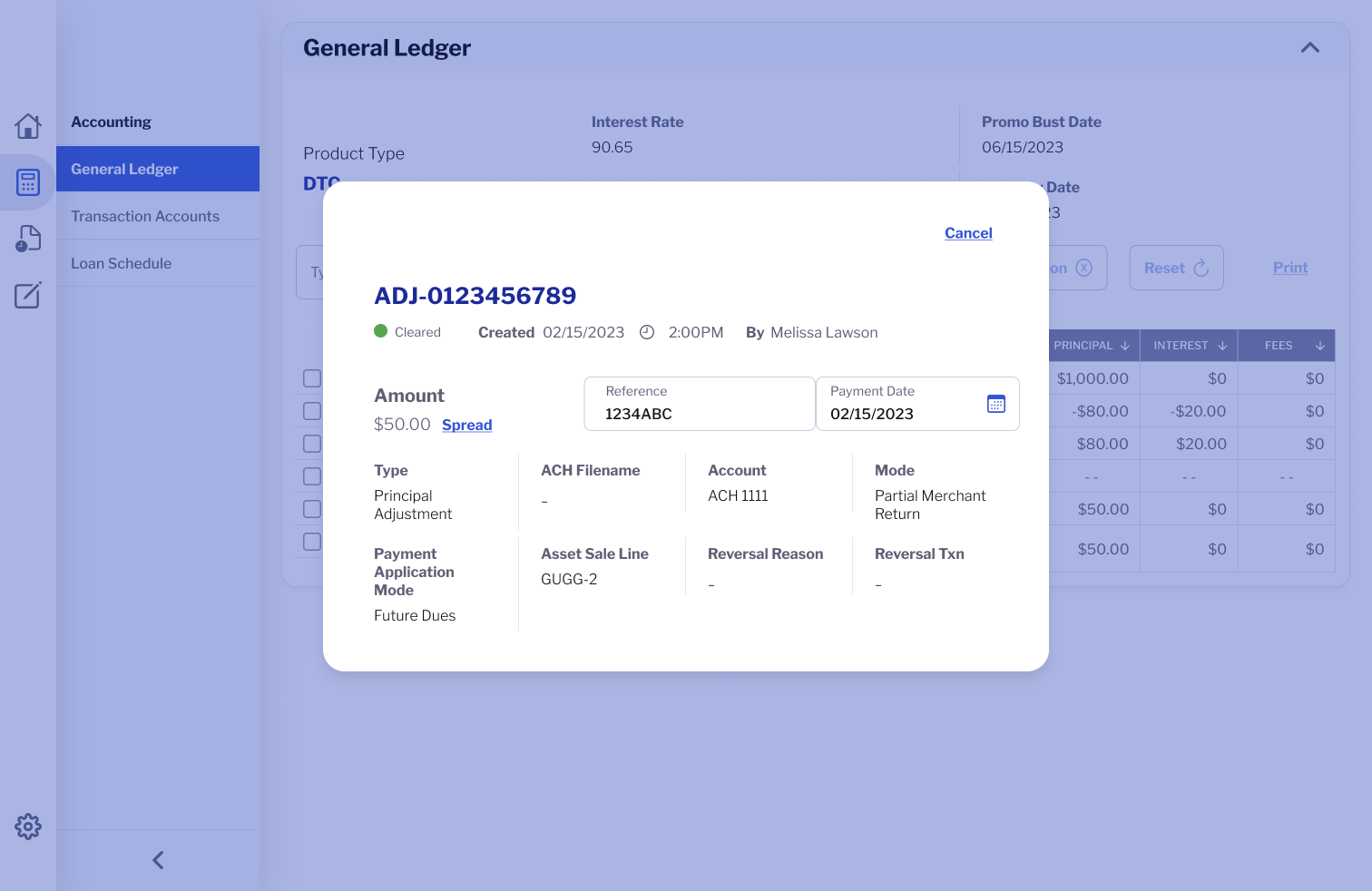 Transaction detail modal within the General Ledger view of a loan servicing platform.