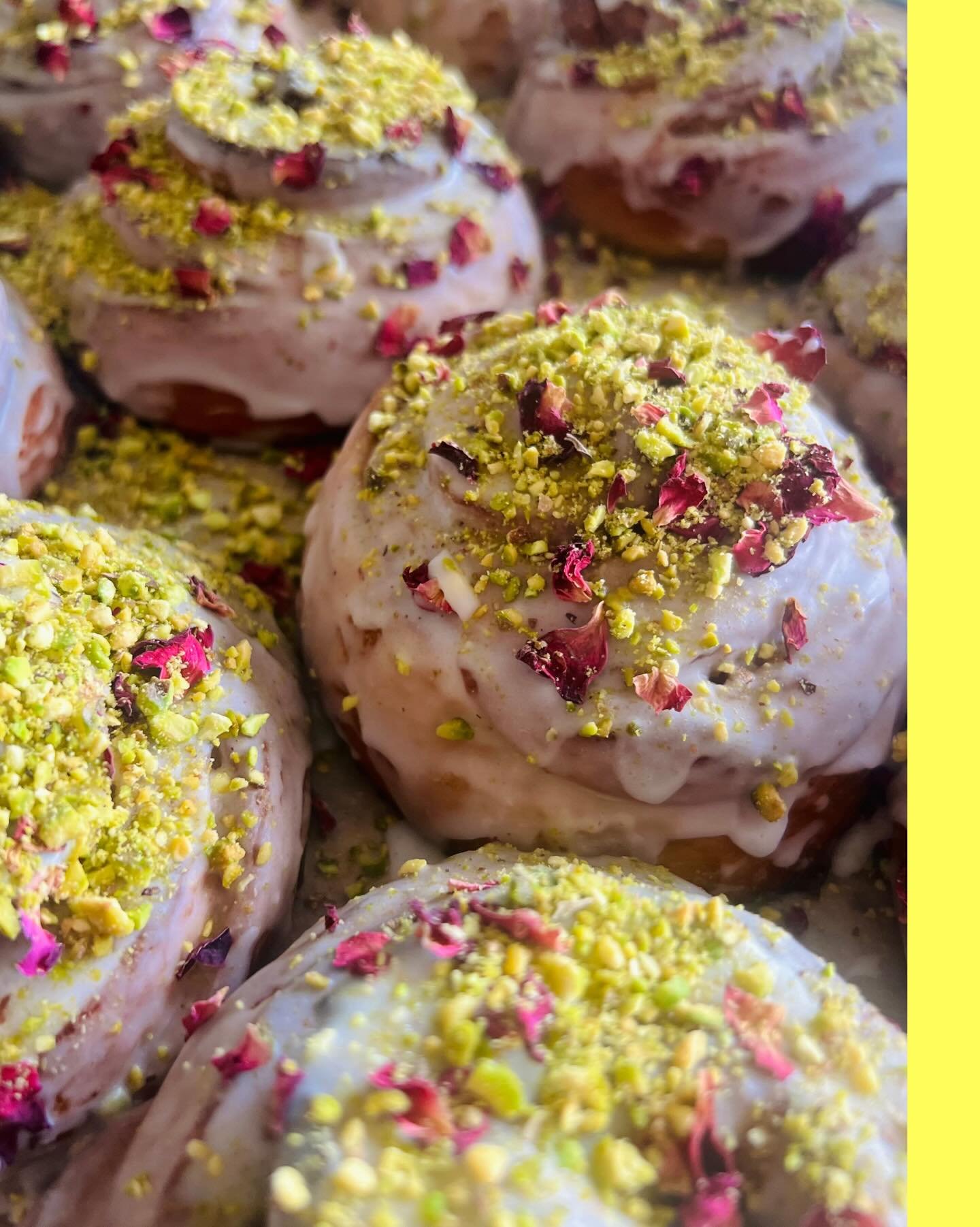 Slow Sundays done right 🌸

Fresh from the oven this morning.. Cardamom Rose &amp; Pistachio buns - floral, nutty, gently spiced.. it&rsquo;s a Bun Sunday @st_saviours_yard - go grab one (or two) and take it slooow ✨🌝🥨✨