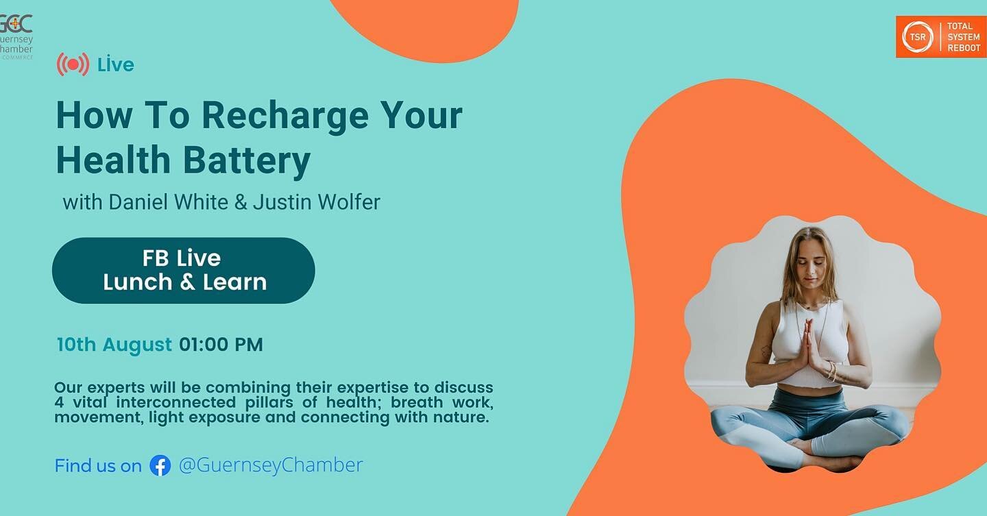 Just under 3 hours until Justin Wolfer and I host our 'How to Recharge Your Health Battery' event live streamed via @guernseychamberofcommerce&rsquo;s Facebook page.

We'll be combining our expertise to discuss 4 vital interconnected pillars of healt