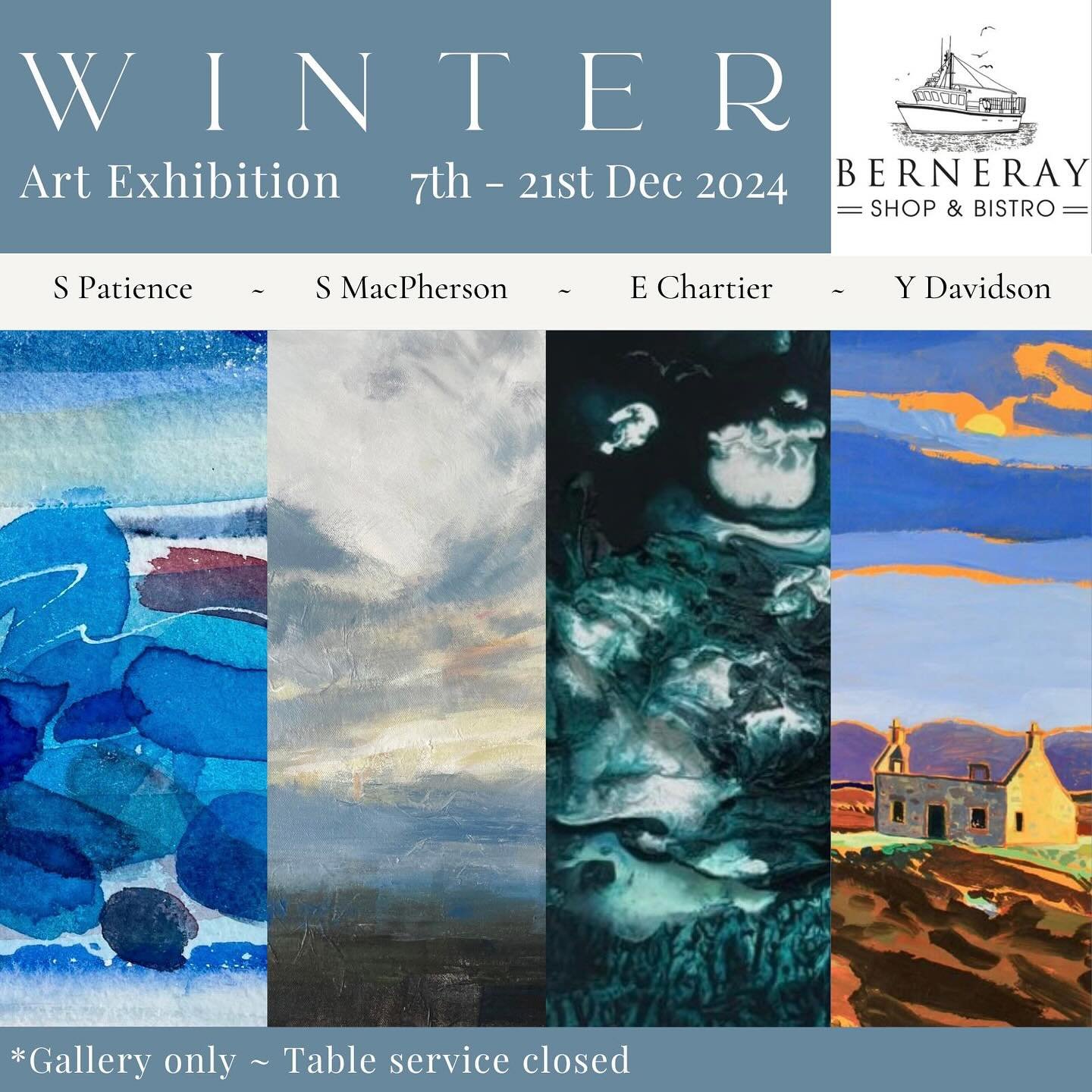 ❄️ Island inspired Winter Art Exhibition ❄️ 
Open this Sat 7th - 21st December, hosted by @berneray_shop_and_bistro (Gallery only - table service closed for winter) 

This daytime exhibition includes a variety of artwork exploring Hebridean themes, s