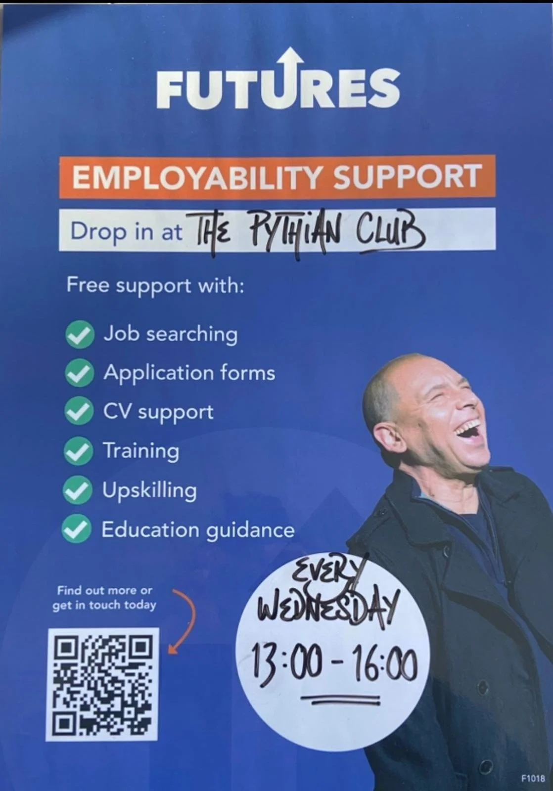 Flyer for employment support at The Rythian Club, held every Wednesday from 1 PM to 4 PM, with a smiling man in a dark jacket.