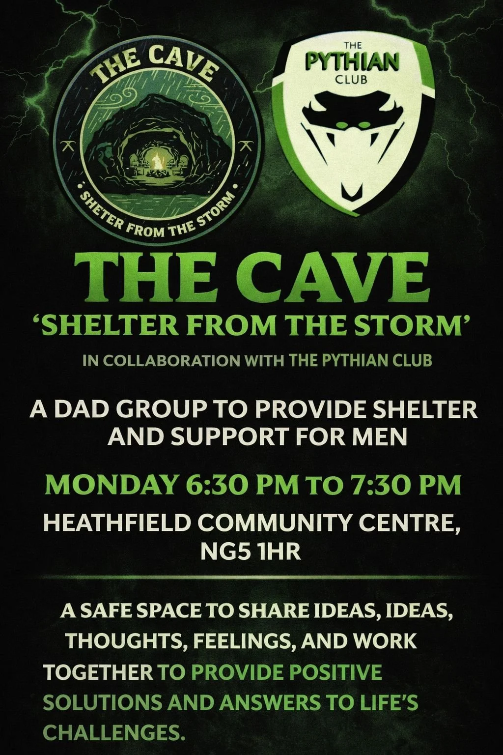 Flyer for The Cave, a support group for men in collaboration with The Pythian Club, held at Heathfield Community Centre on Monday, 6:30 to 7:30 PM. Features a cave illustration and a shield logo.