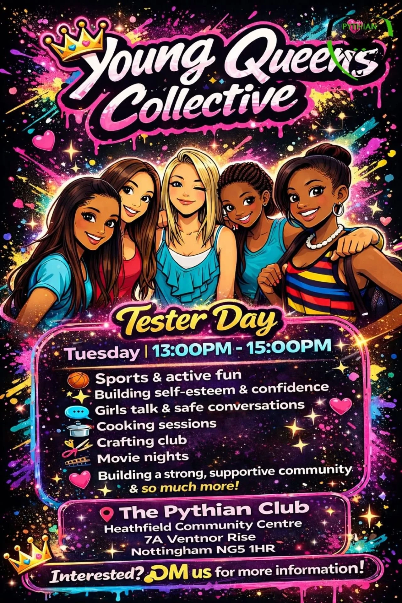 Colorful flyer for Young Queens Collective Tester Day event, featuring five diverse young women smiling, with bright pink, yellow, and blue text, and graphics of a crown, hearts, stars, and icons representing sports, conversations, cooking, and movies. Details include date, time, location, and activities.