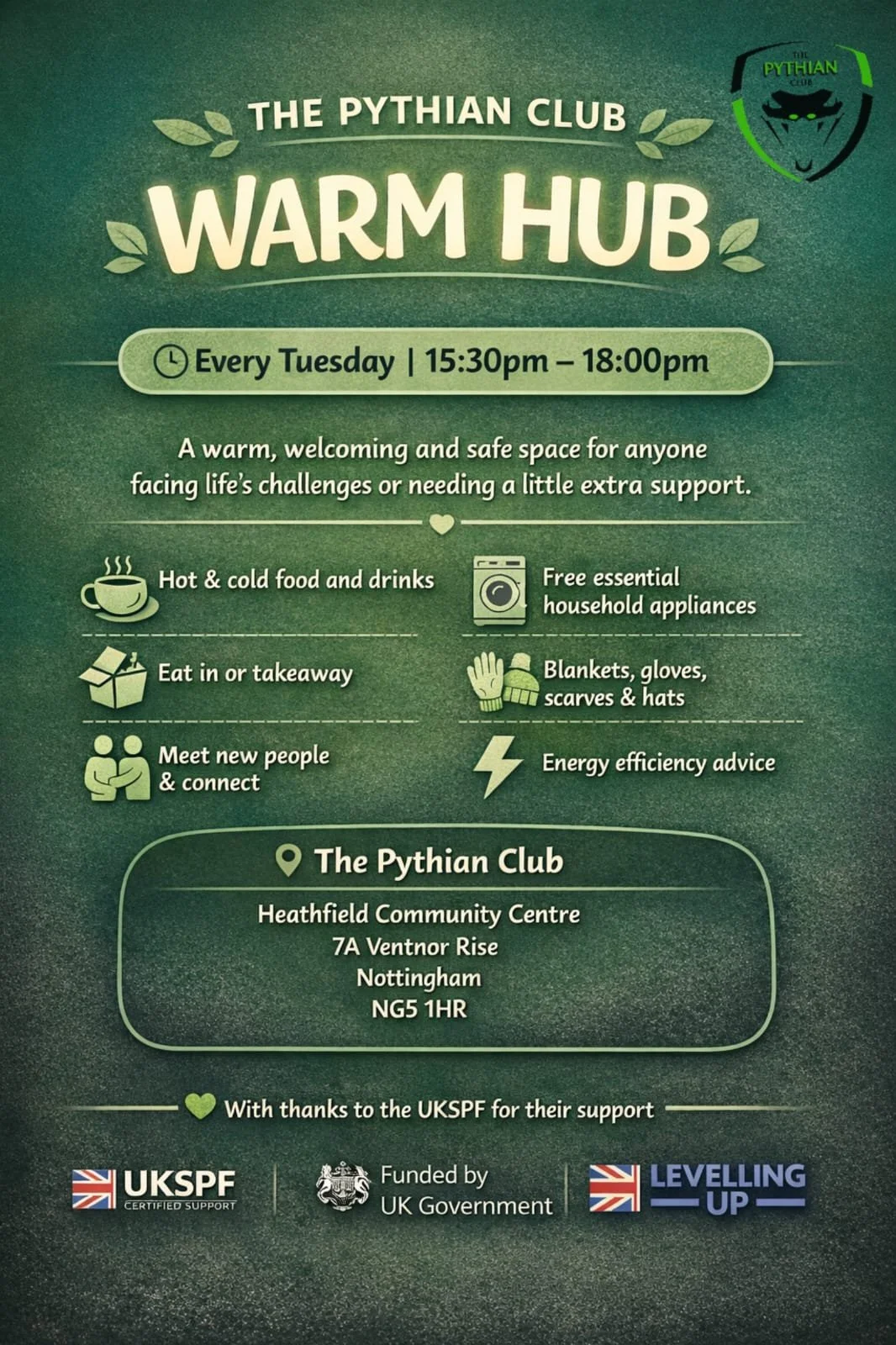 Flyer for The Pythian Club Warm Hub event, held every Tuesday from 3:30 PM to 6 PM at Heathfield Community Centre, Nottingham. Features warm, welcoming space with free food, household appliances, blankets, and energy advice. Includes logos for UKSPF and UK Government support.