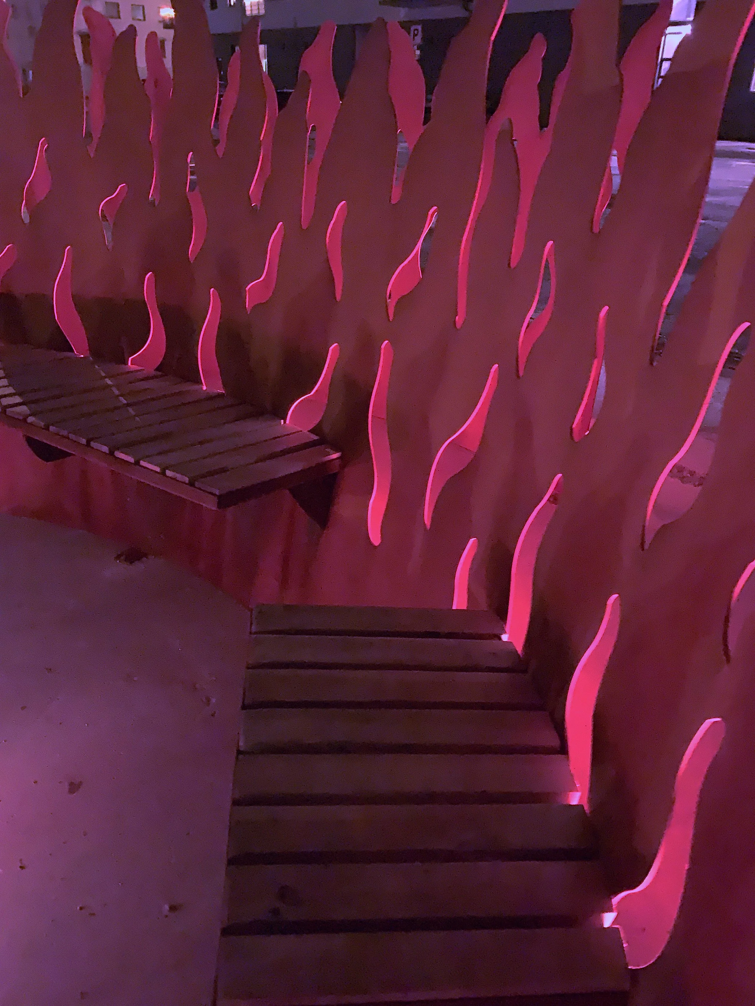 The Bonfire Ålesund by day with seats and flames