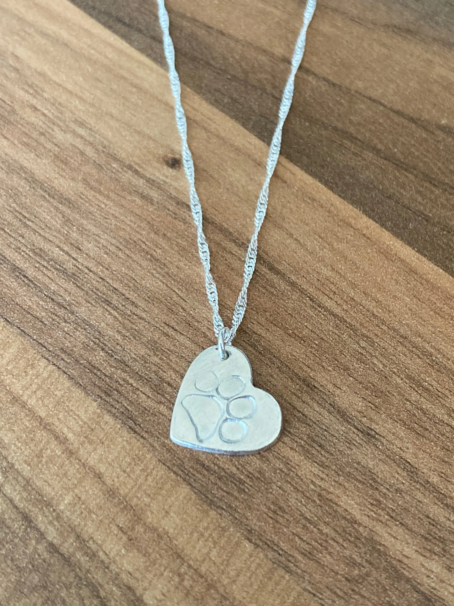 paw print heart silver necklace handmade