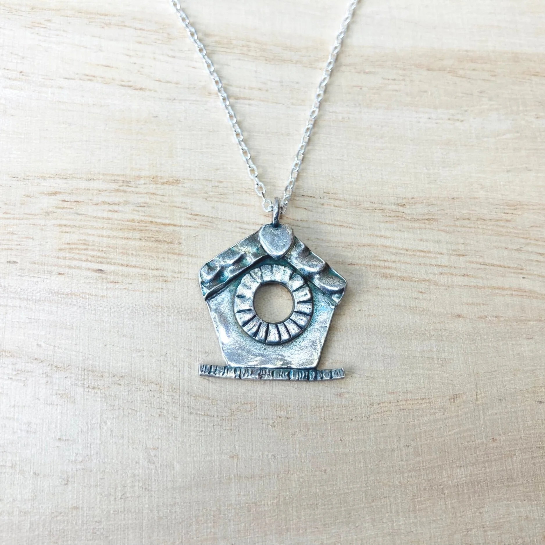 birdhouse pendant silver handcrafted necklace
