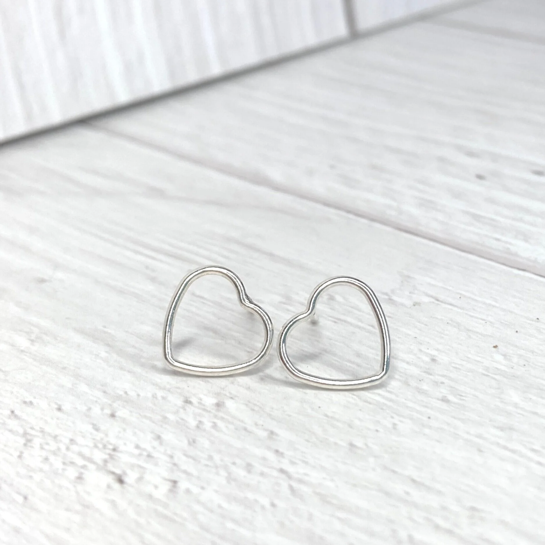 silver open heart stud earrings jewellery handmade dainty