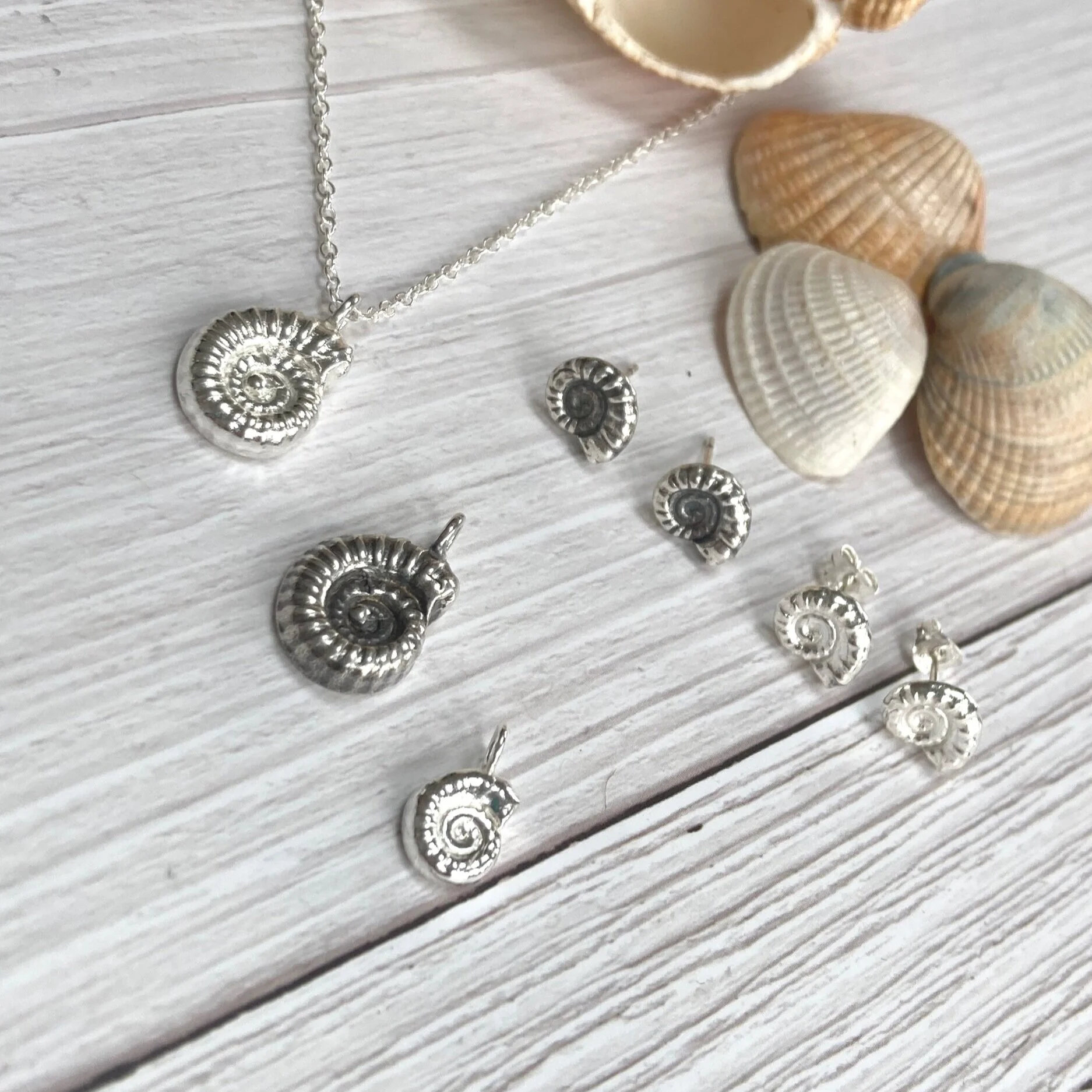 fine silver ammonite necklace and earrings