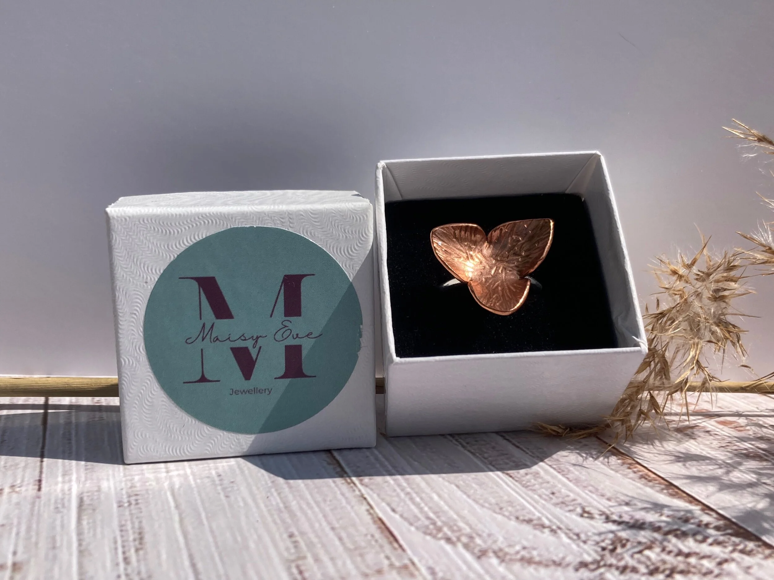 textured copper flower ring with Maisy eve designs packaging Dorset Small Business