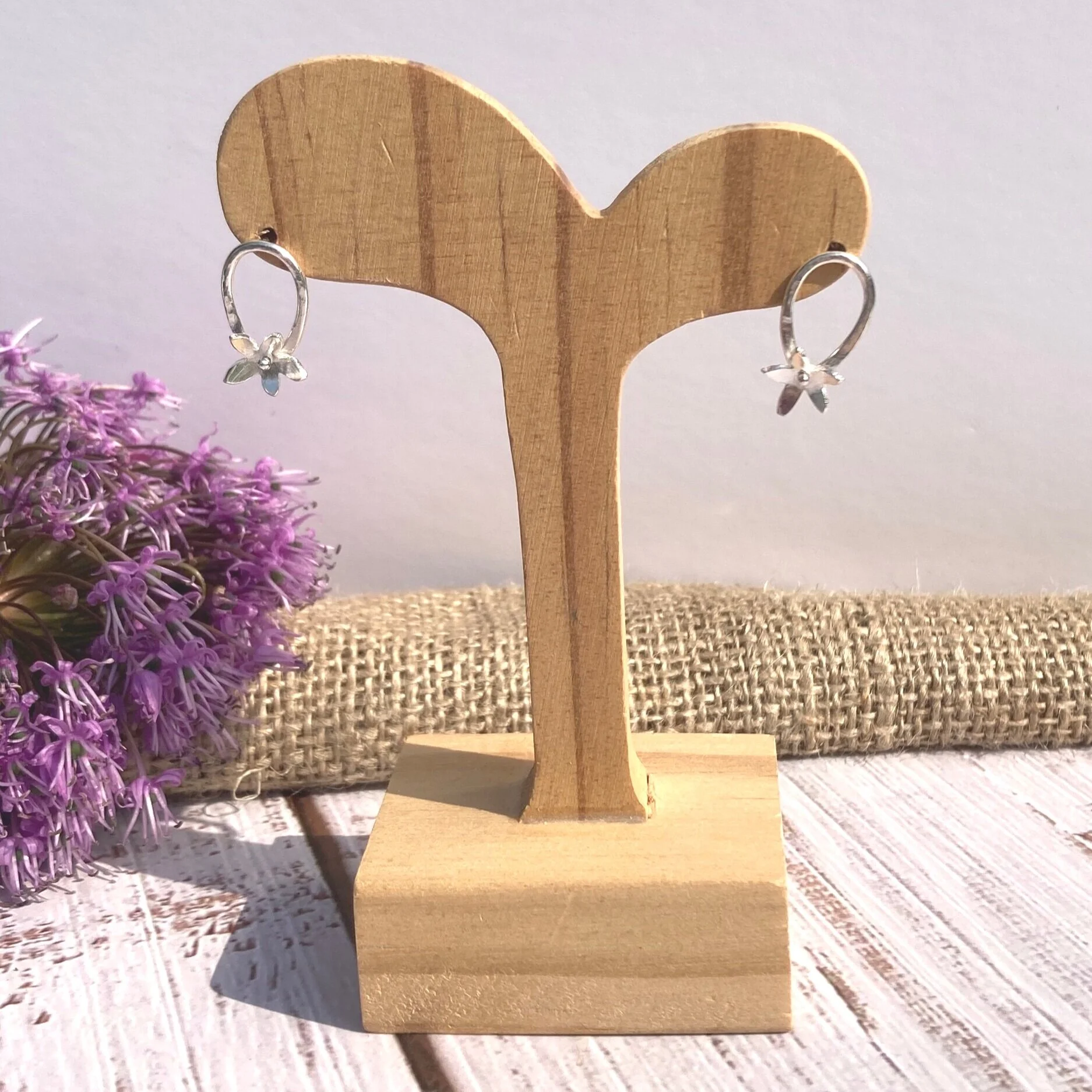 Tear drop studs with spinning flower handmade