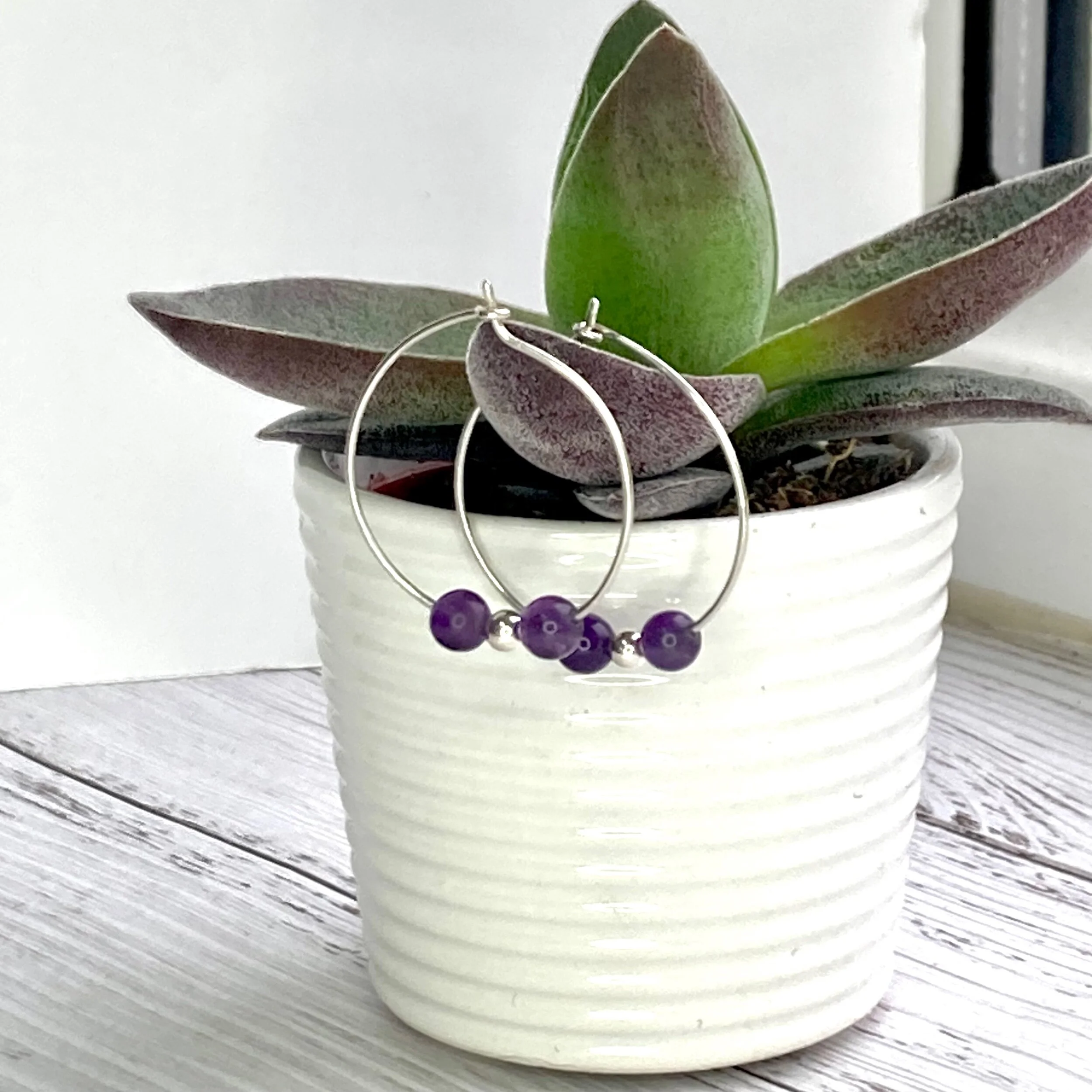 purple bead hoop earring silver jewellery