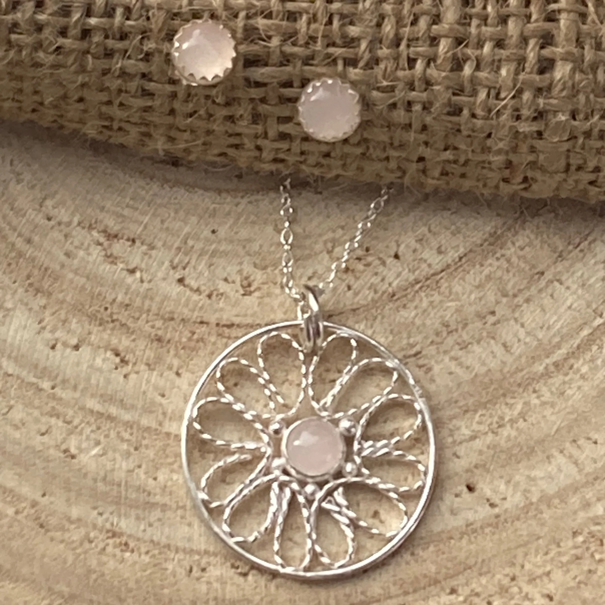 rose quartz earrings and filigree necklace handmade dainty jewellery