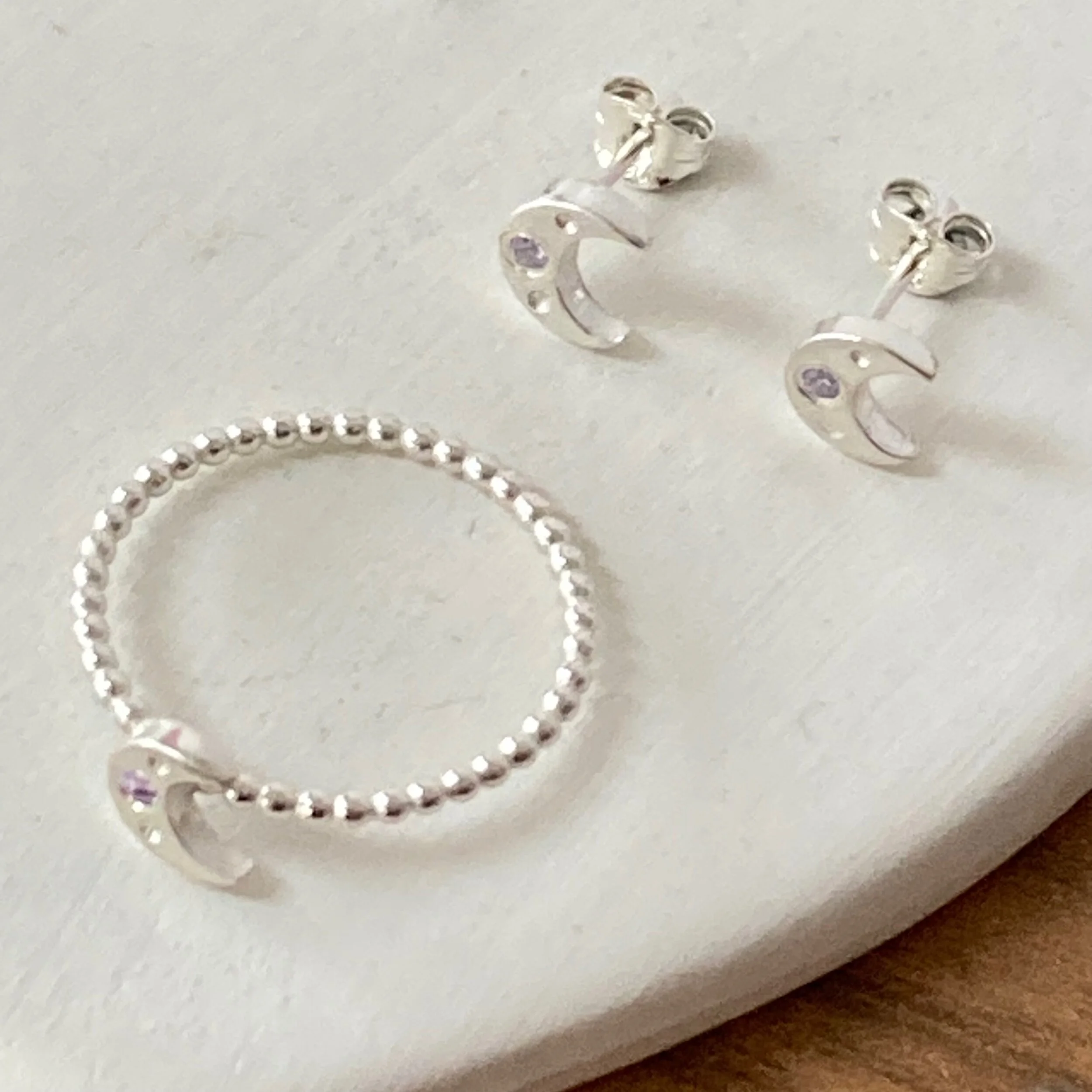 crescent moon ring and earring set dainty jewellery set