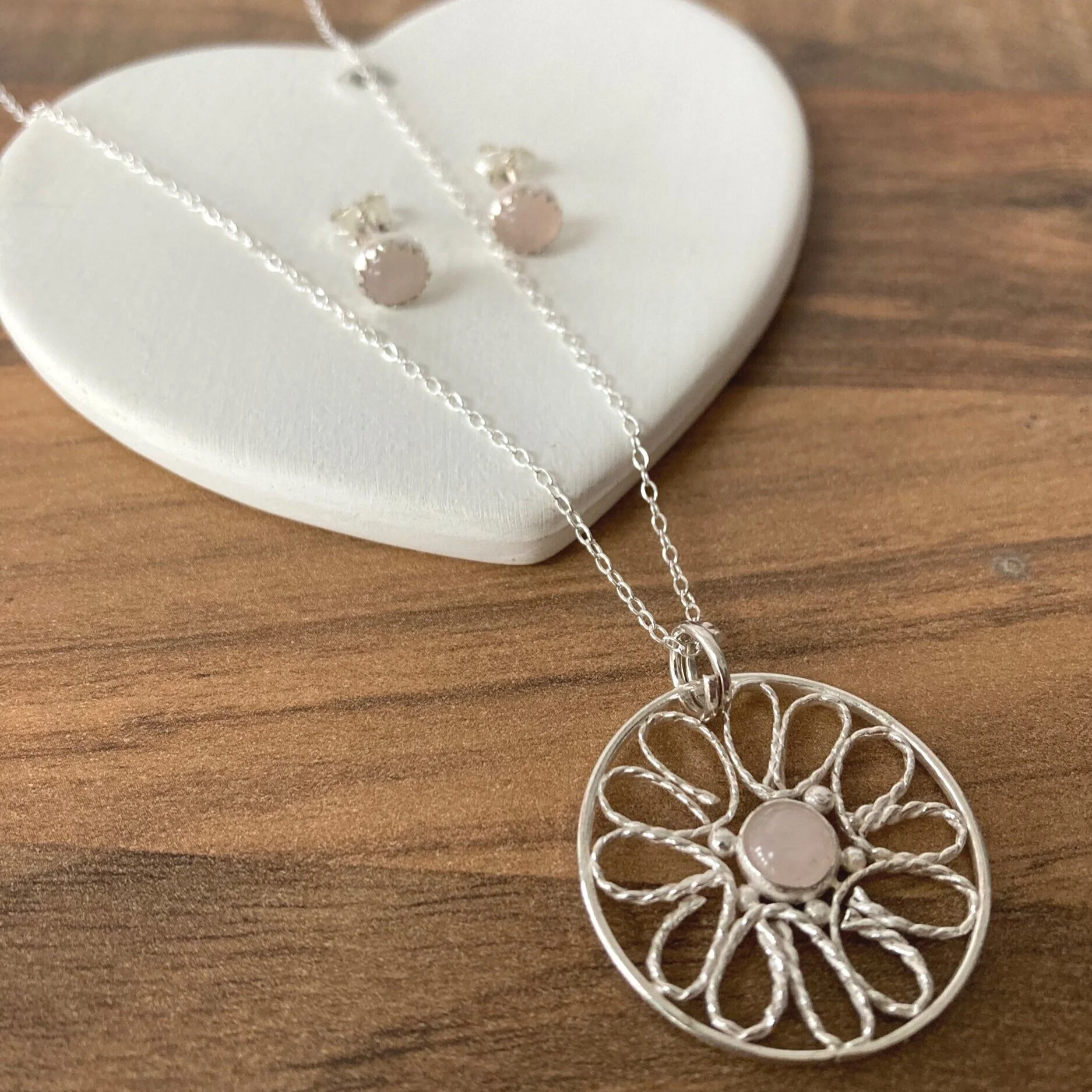 Rose quartz necklace and earrings
