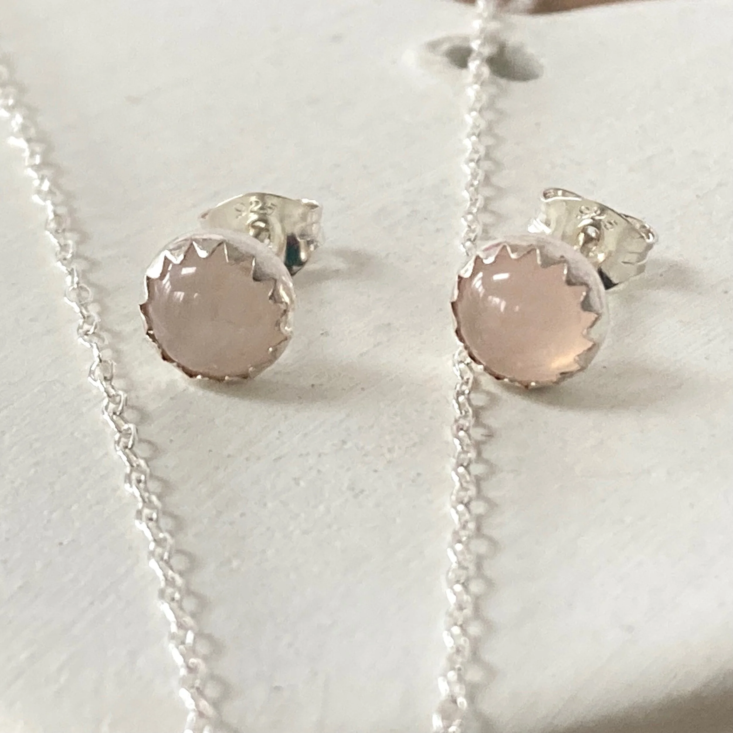 rose quartz stud earrings handmade dainty jewellery birthstone