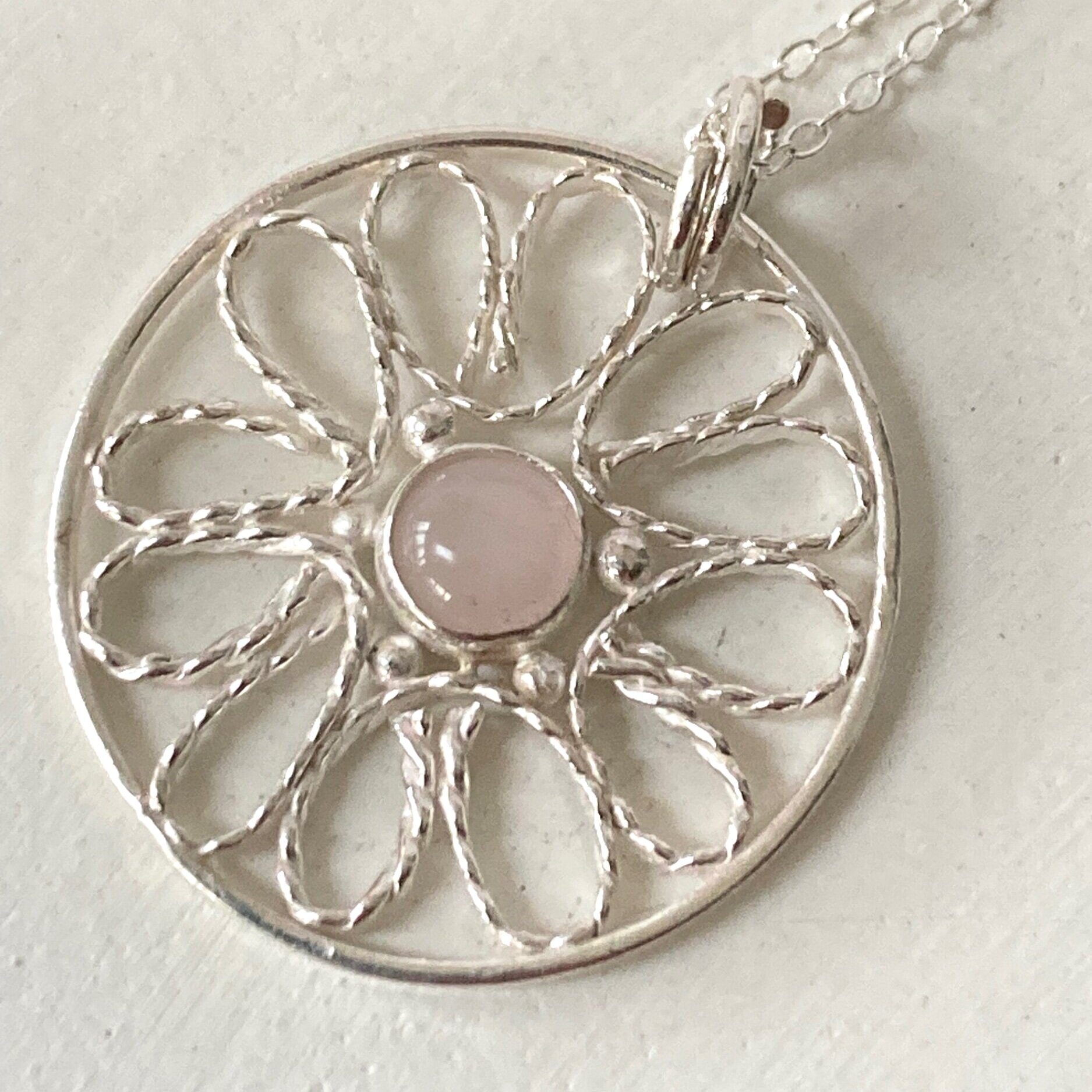 filigree and rose quartz pendant silver dainty handmade jewellery