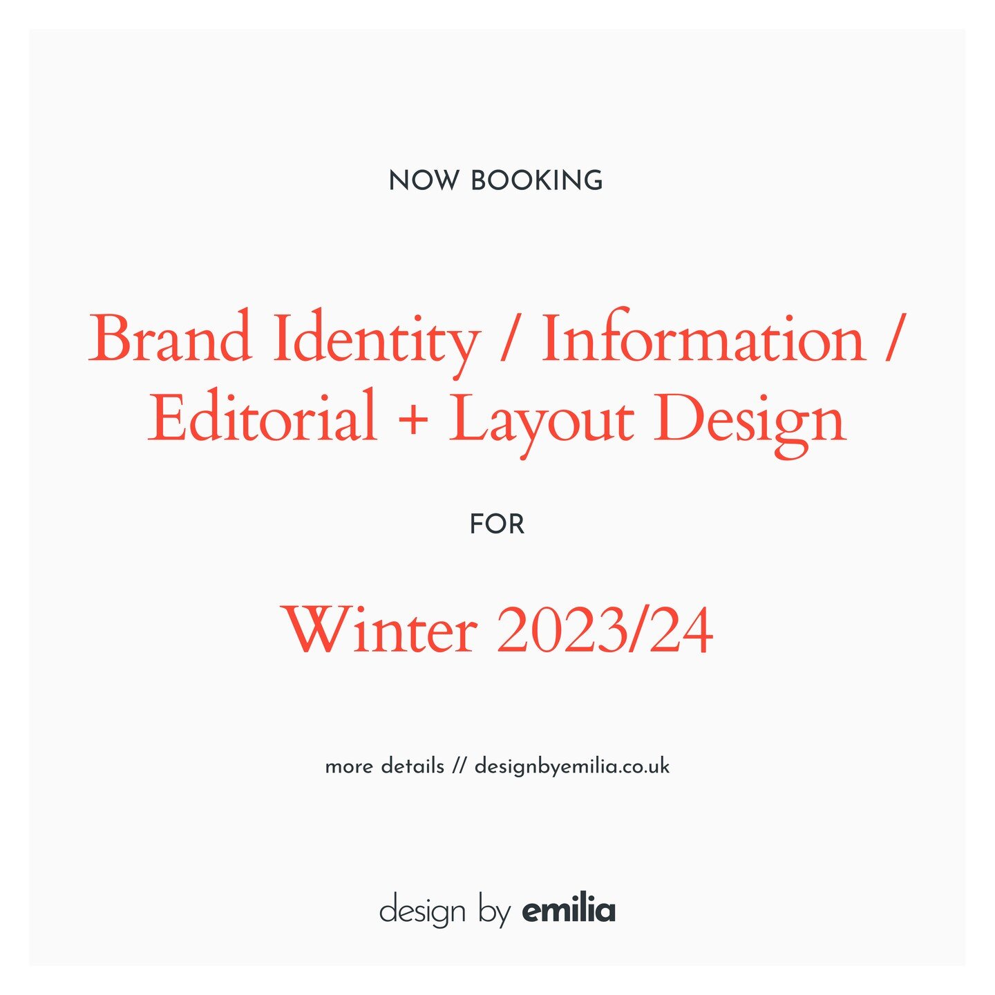 // NOW BOOKING FROM DECEMBER 2023 //

If you would like to work with me on beautifully crafted brand identity, information, editorial, or layout design, I&rsquo;m now booking (with limited availability 👶) from Winter 2023!

Please do drop me a messa