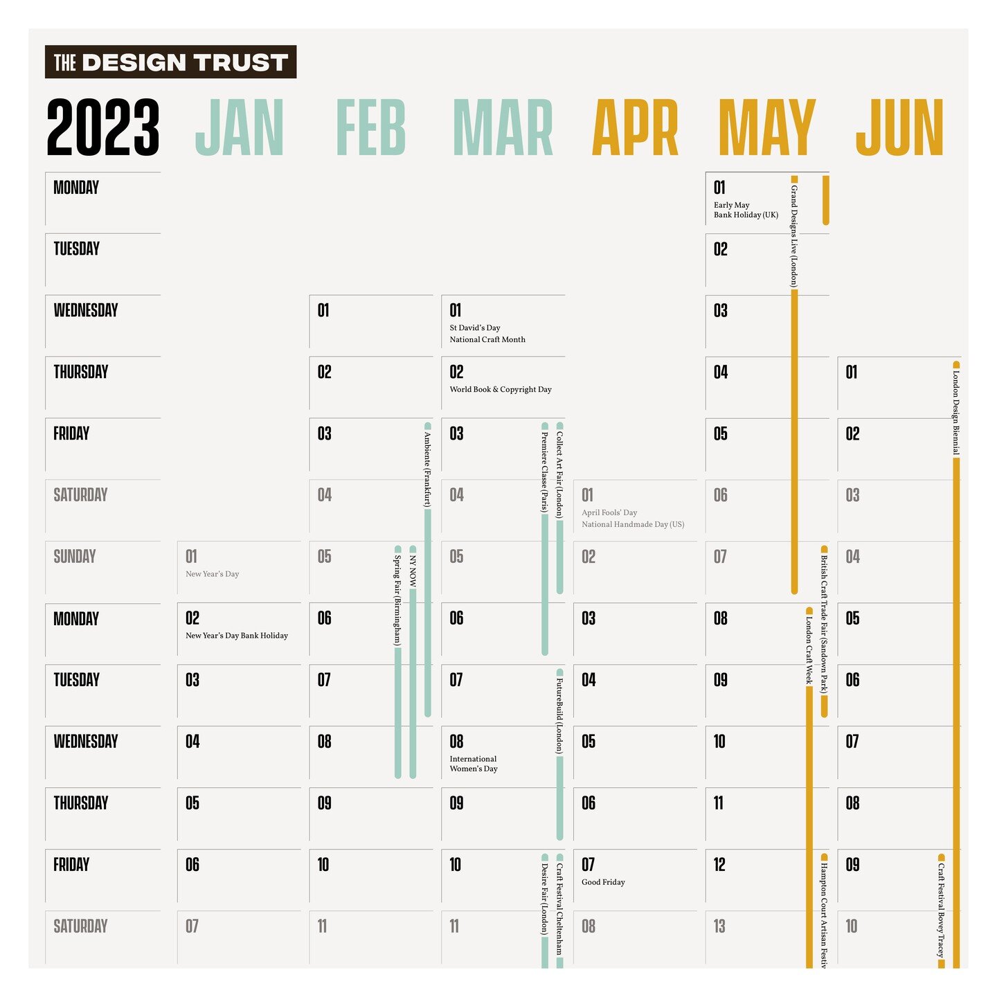 Celebrating the New Year by showing off the wall planner I recently designed for @thedesigntrust featuring all the must know craft event dates and awareness days for 2023! 📆 

If you'd like to work together this year I'm currently booking branding a