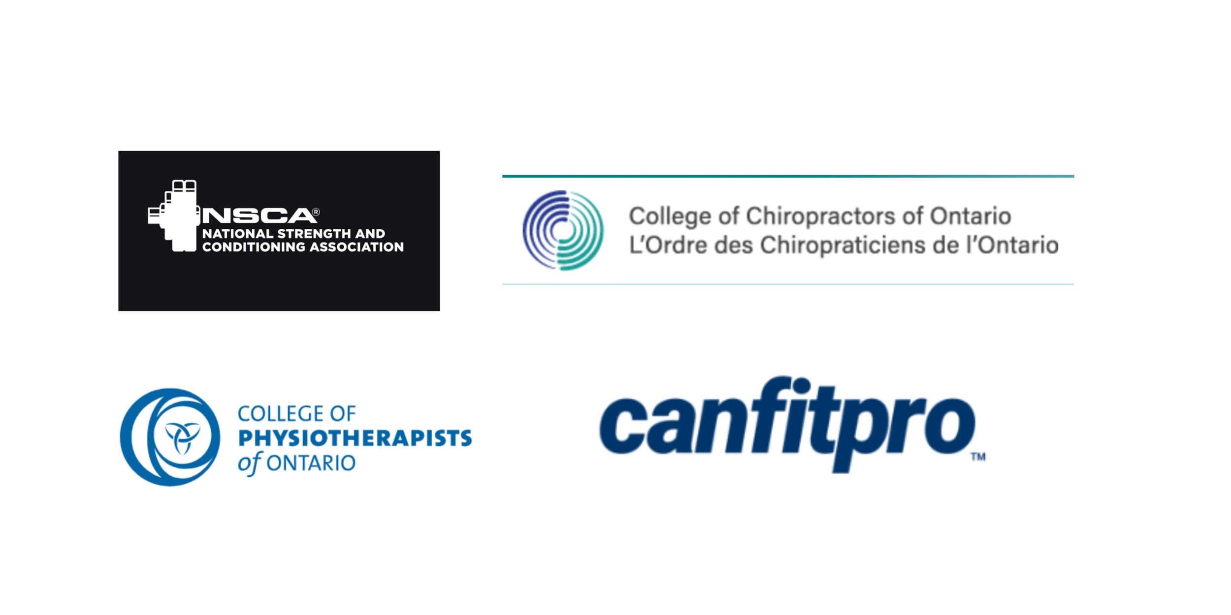 Logos of the National Strength and Conditioning Association, College of Chiropractors of Ontario, College of Physiotherapists of Ontario, and CanFitPro.