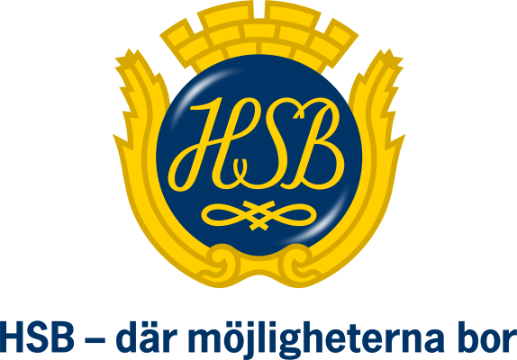 HSB-logotyp med gult och blått, inklusive motto på svenska.