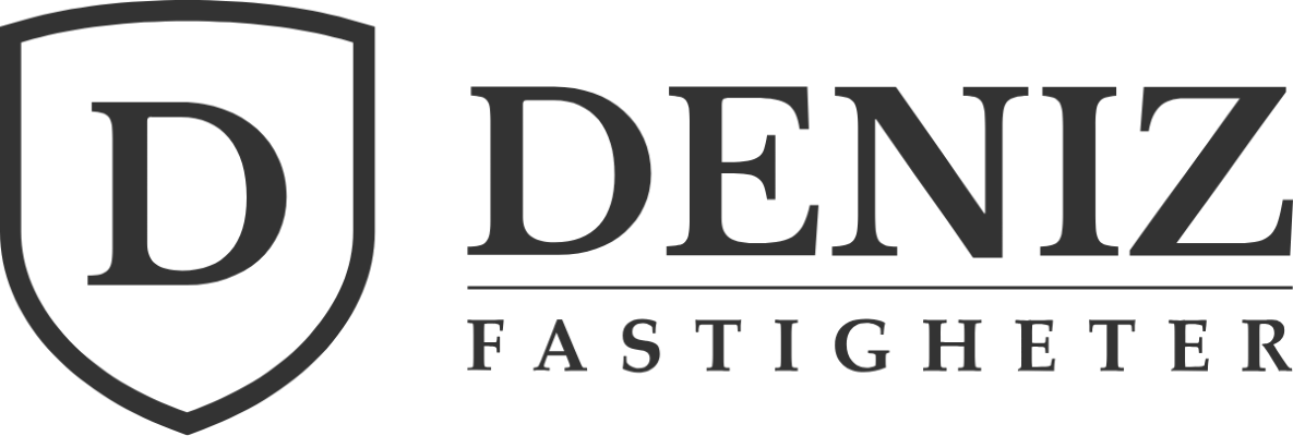 Logotyp för Denz Fastigheter, med en sköld och texten 'Denz' och 'Fastigheter'.