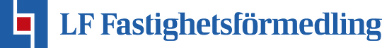 Logotyp för LF Fastighetsförmedling, med blå text och en liten röd form till vänster.
