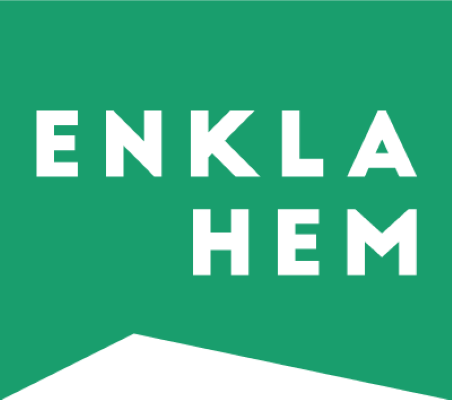 Texten "Enkelahem" på en grön bakgrund, delvis i en priskupa.