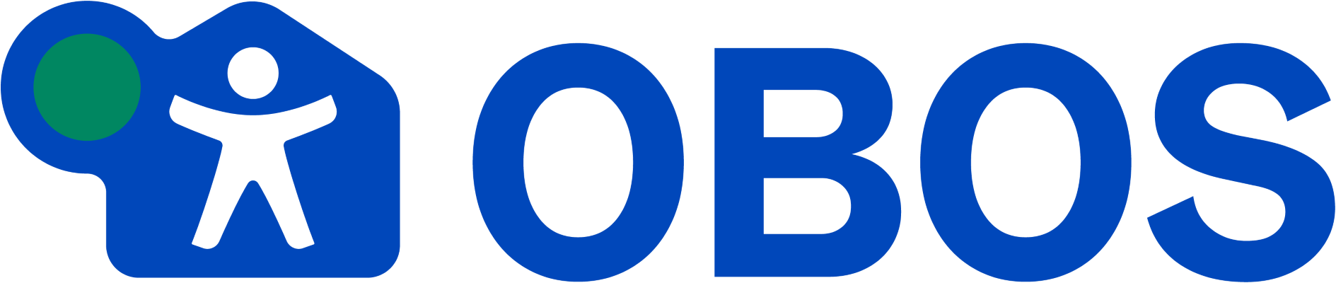 OBOS-logotyp med en ikon av ett barn med armarna utåt och en grön cirkel på en blå bakgrund