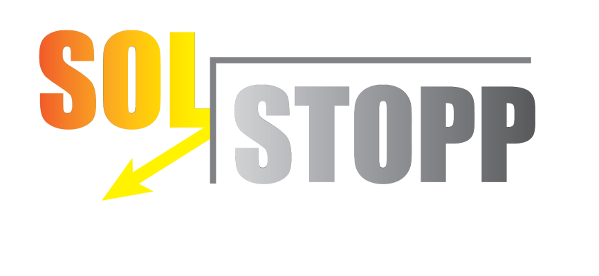 Texten 'SOL STOPP' med en gul pil och blixtsymbol.