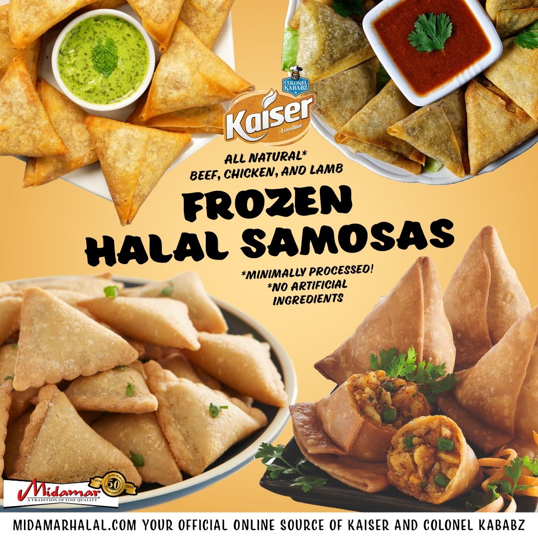Satisfy your cravings with irresistible Kaiser samosas! From crispy chicken to Punjabi with Chutney, discover your new favorite samosa on our website, your official online source for Kaiser. 

#MidamarHalal #Halal #KaiserSamosa #HalalSamosa