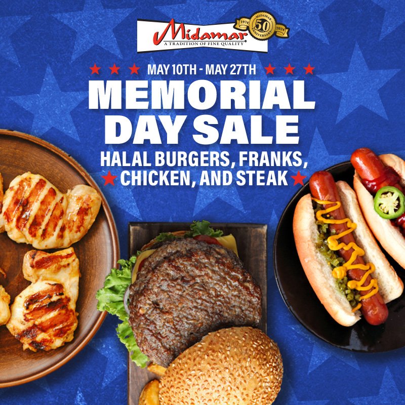 Fire up the grill and savor the savings! This Memorial Day, enjoy $1 off all your BBQ favorites: franks, links, burgers, chicken, and ribeyes. Stock up now! 🔥🍖 

#MidamarHalal #Halal #MemorialDaySale #BBQSavings