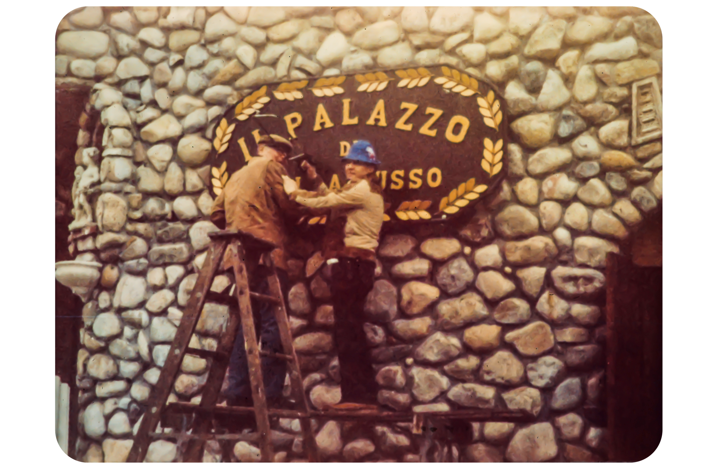 Joe Russo assembling the Il Palazzo di Villa Russo sign, circa 1977.