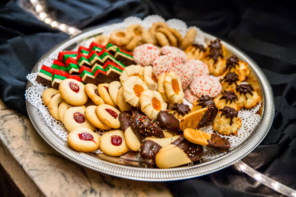 Assorted Italian cookies and pastries arranged on a silver dessert tray at Villa Russo.