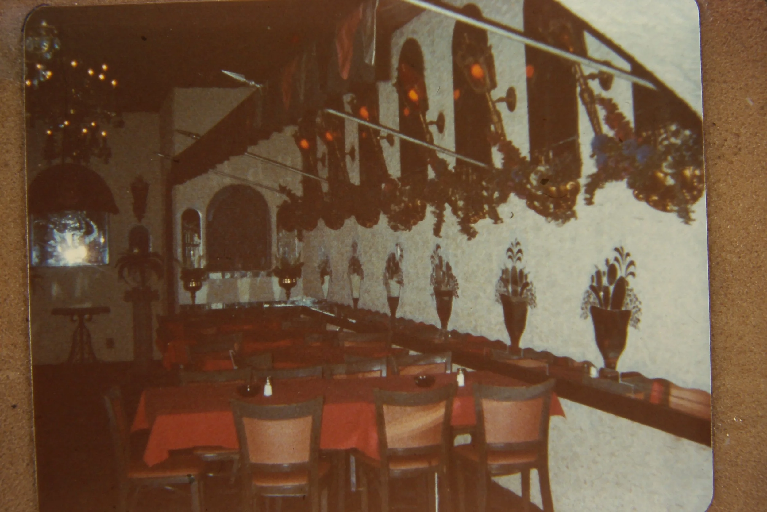 The dining room at Villa Russo Restaurant, 1979, reflecting the warm Italian-inspired atmosphere of the original restaurant.