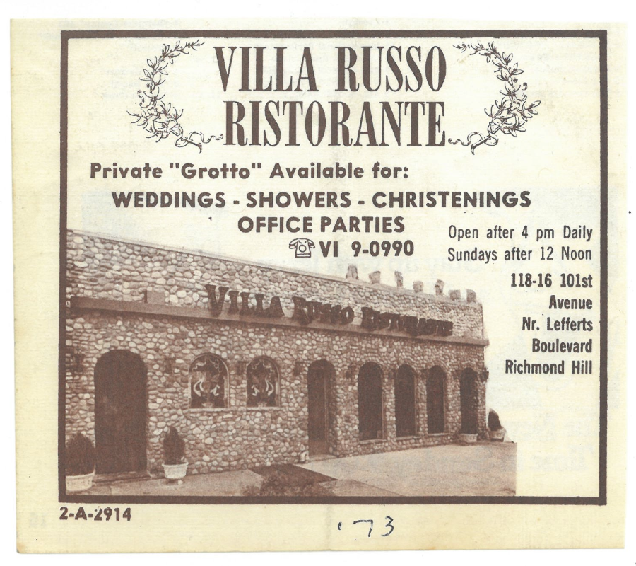 A 1973 TV Guide advertisement for Villa Russo Ristorante, featuring the private Grotto for weddings, showers, christenings, and office parties.