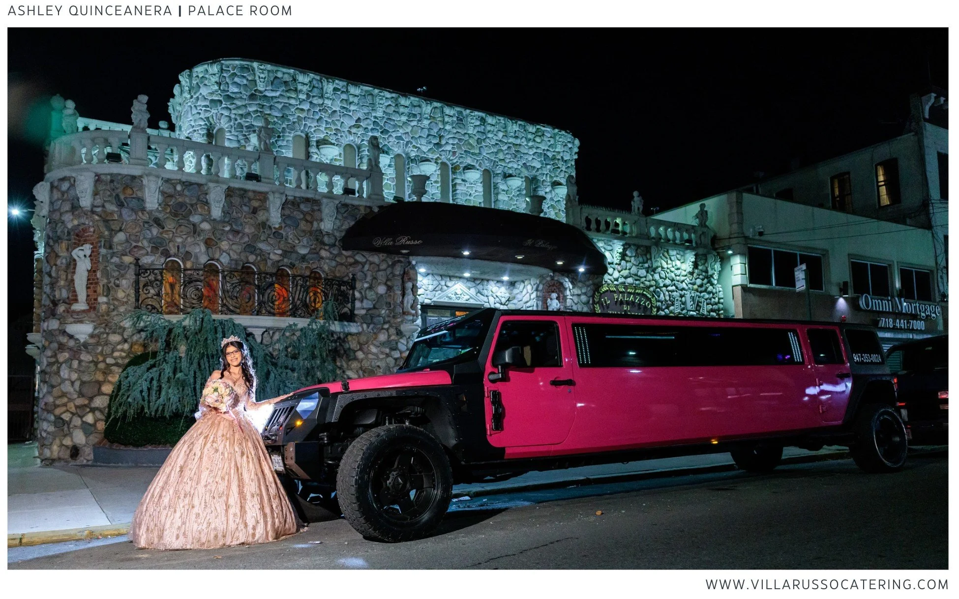 Quinceanera next to a pink  limoousine