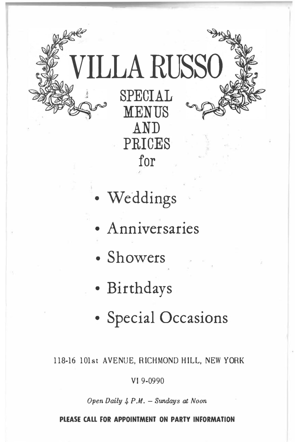 An original Villa Russo Restaurant special events menu from 1968, featuring menus and pricing for weddings, anniversaries, showers, birthdays, and other special occasions.