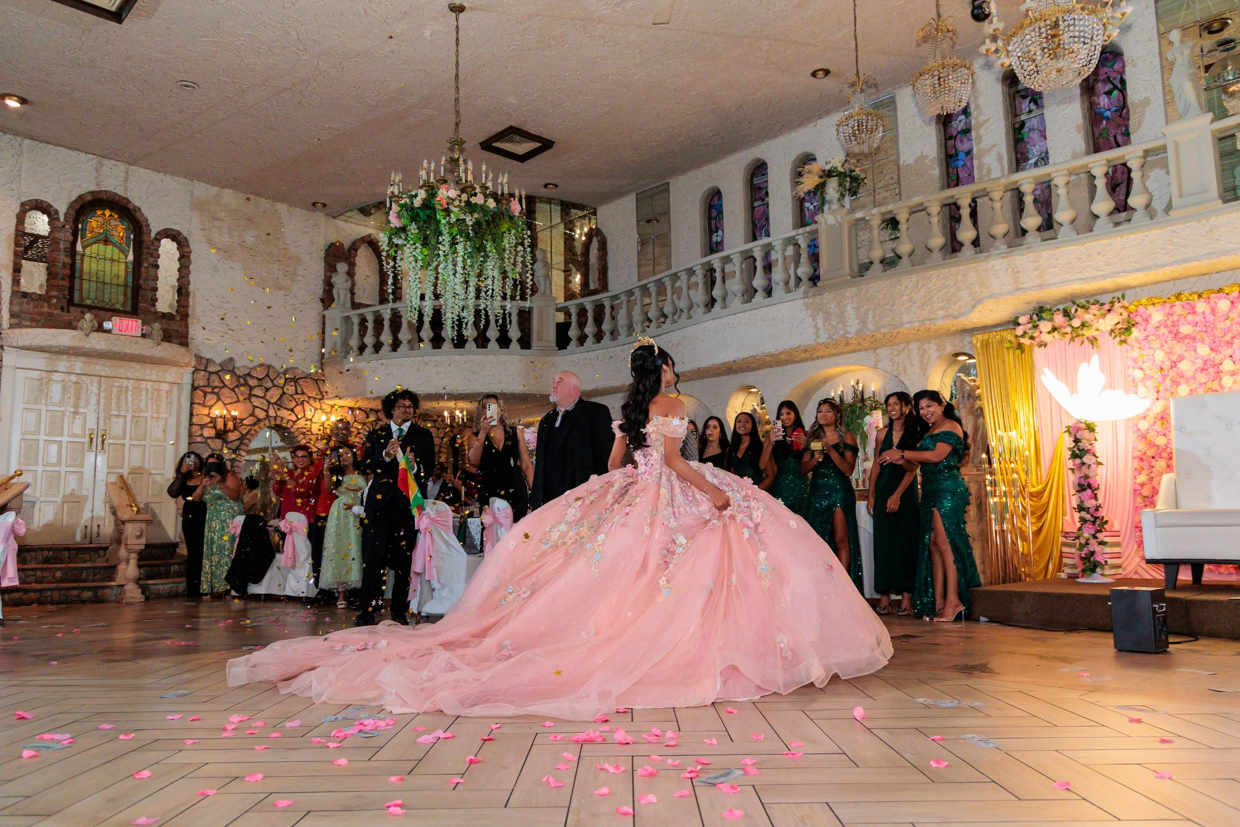 Sweet 16 celebration with princess ball gown and grand entrance in Villa Russo ballroom Queens NY