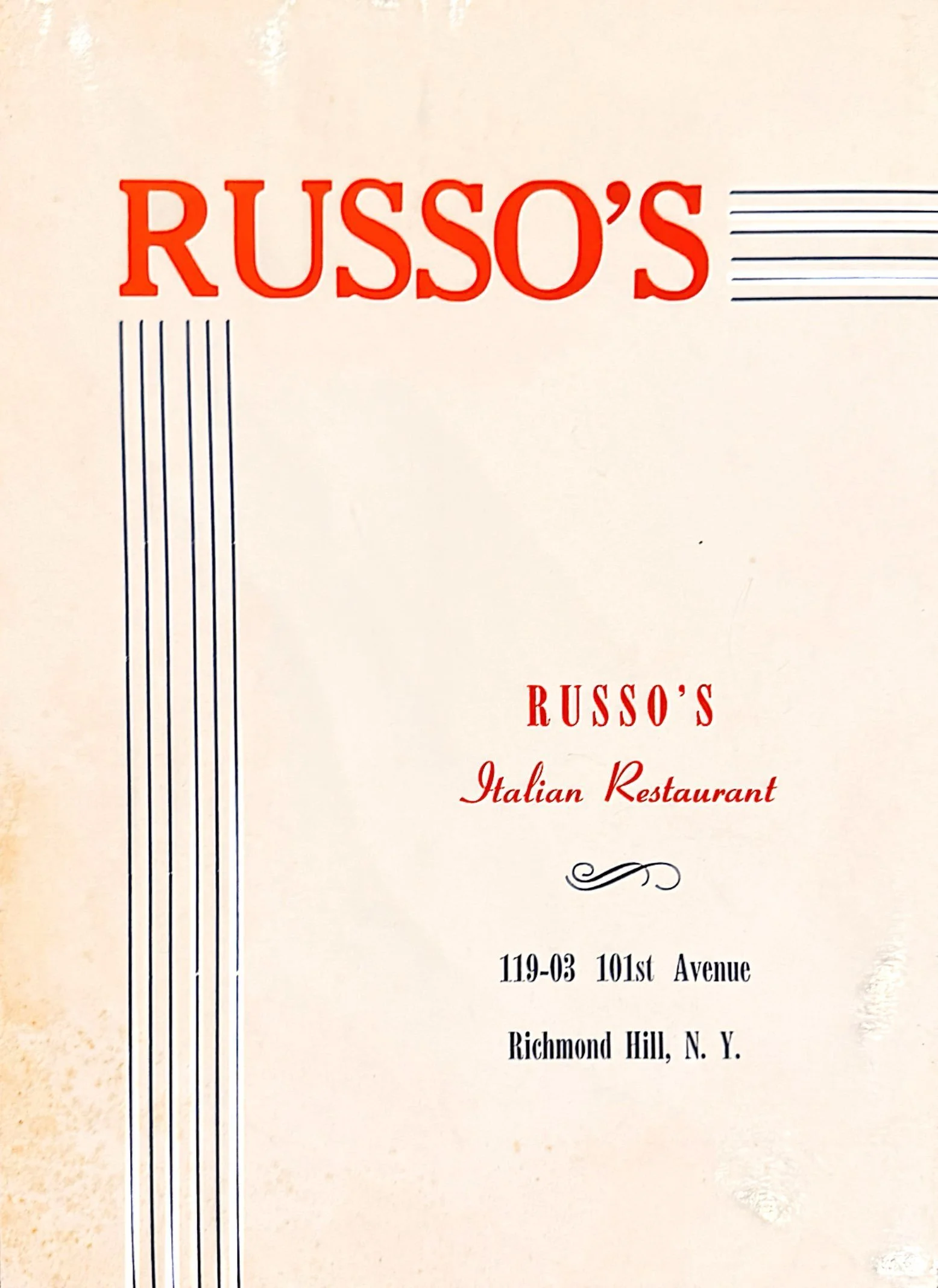 An original Russo’s Italian Restaurant menu from Richmond Hill, Queens, circa 1958.