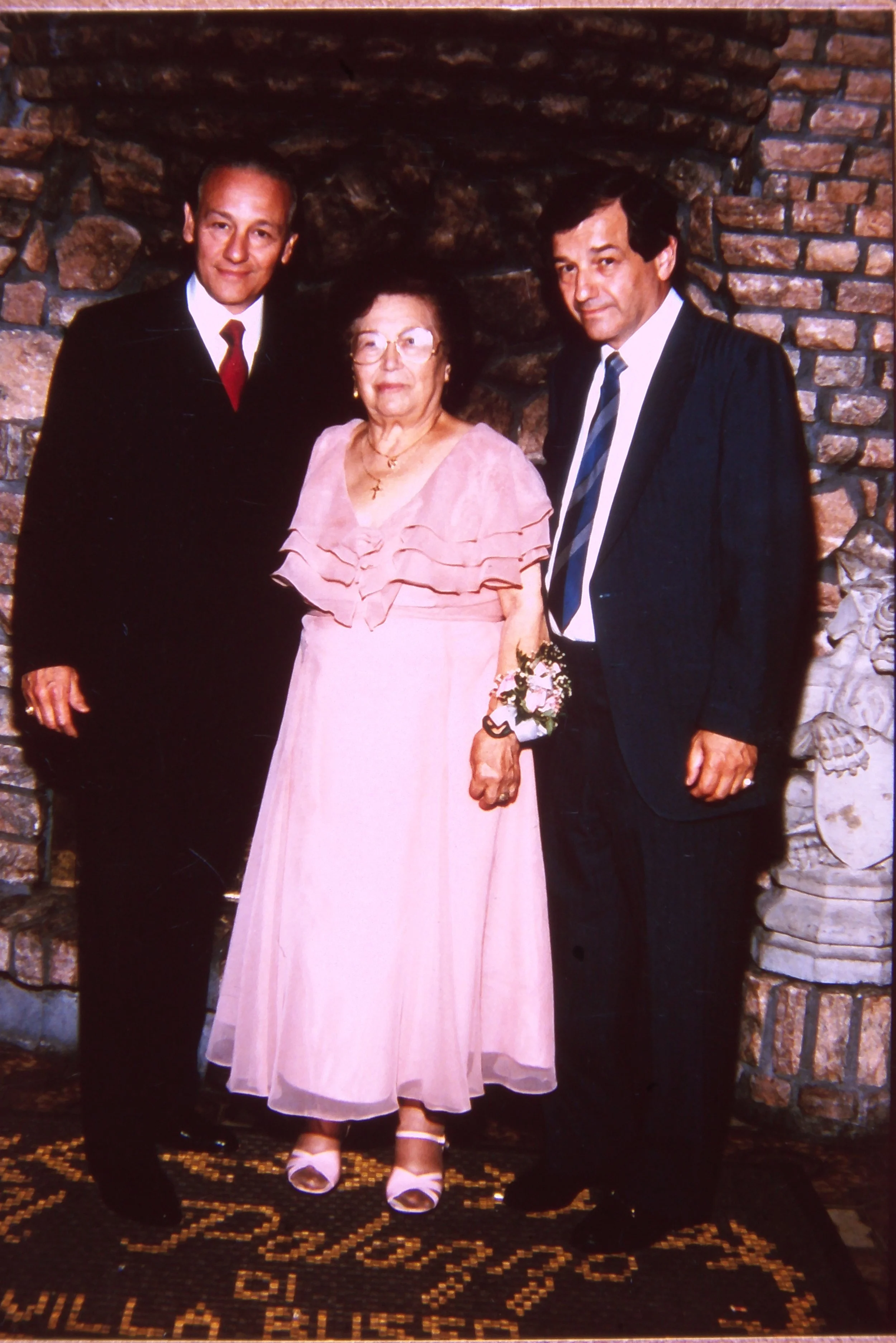 Joe Russo, Josephine Russo, and Frank Russo in the lobby of Il Palazzo di Villa Russo, circa 1981.