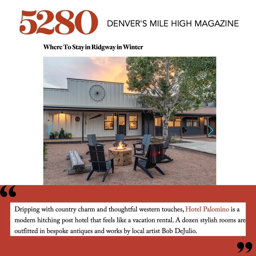 “Dripping with country charm and thoughtful western touches, Hotel Palomino is a modern hitching post hotel that feels like a vacation rental. A dozen stylish rooms are outfitted in bespoke antiques and works by local artist Bob DeJulio.”